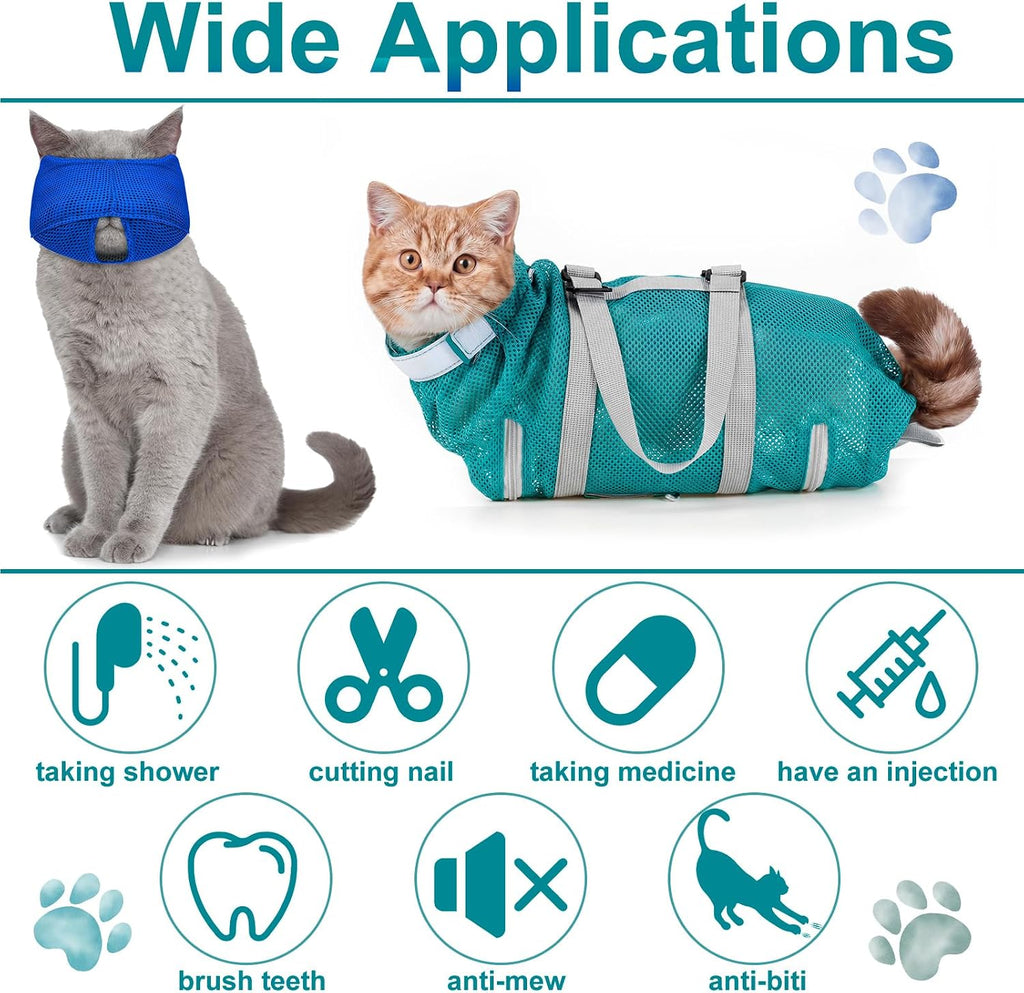 9 Pcs Cat Bathing Bag Anti Scratch Cat Grooming Bag for Nail Trimming Injecting Examining Pet Restraint Bags with Washing Comb Mesh Muzzle Nail Clipper & File Tick Tool