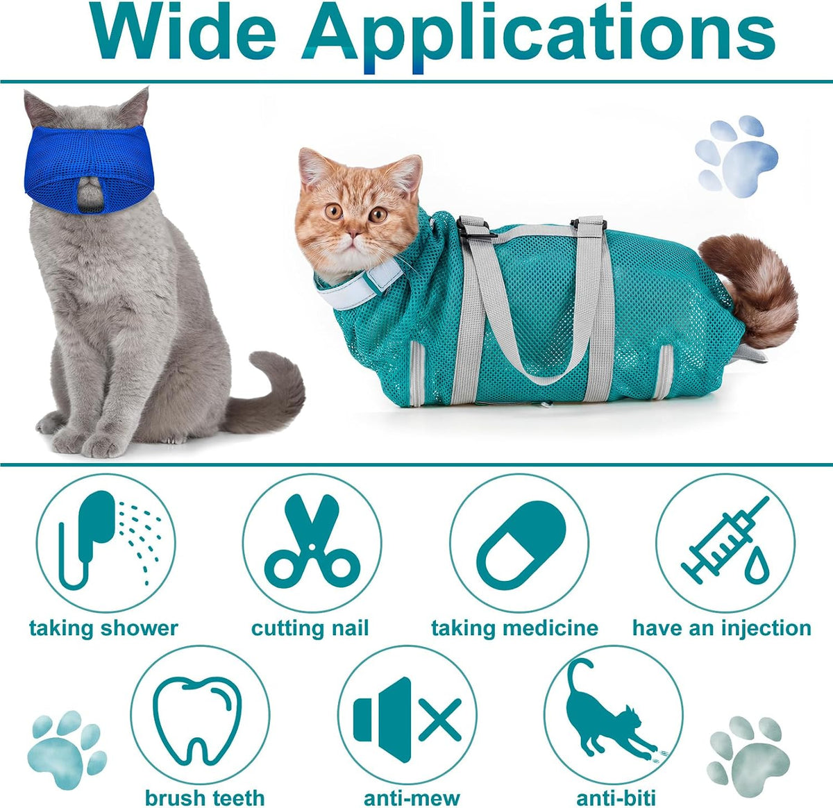 9 Pcs Cat Bathing Bag Anti Scratch Cat Grooming Bag for Nail Trimming Injecting Examining Pet Restraint Bags with Washing Comb Mesh Muzzle Nail Clipper & File Tick Tool