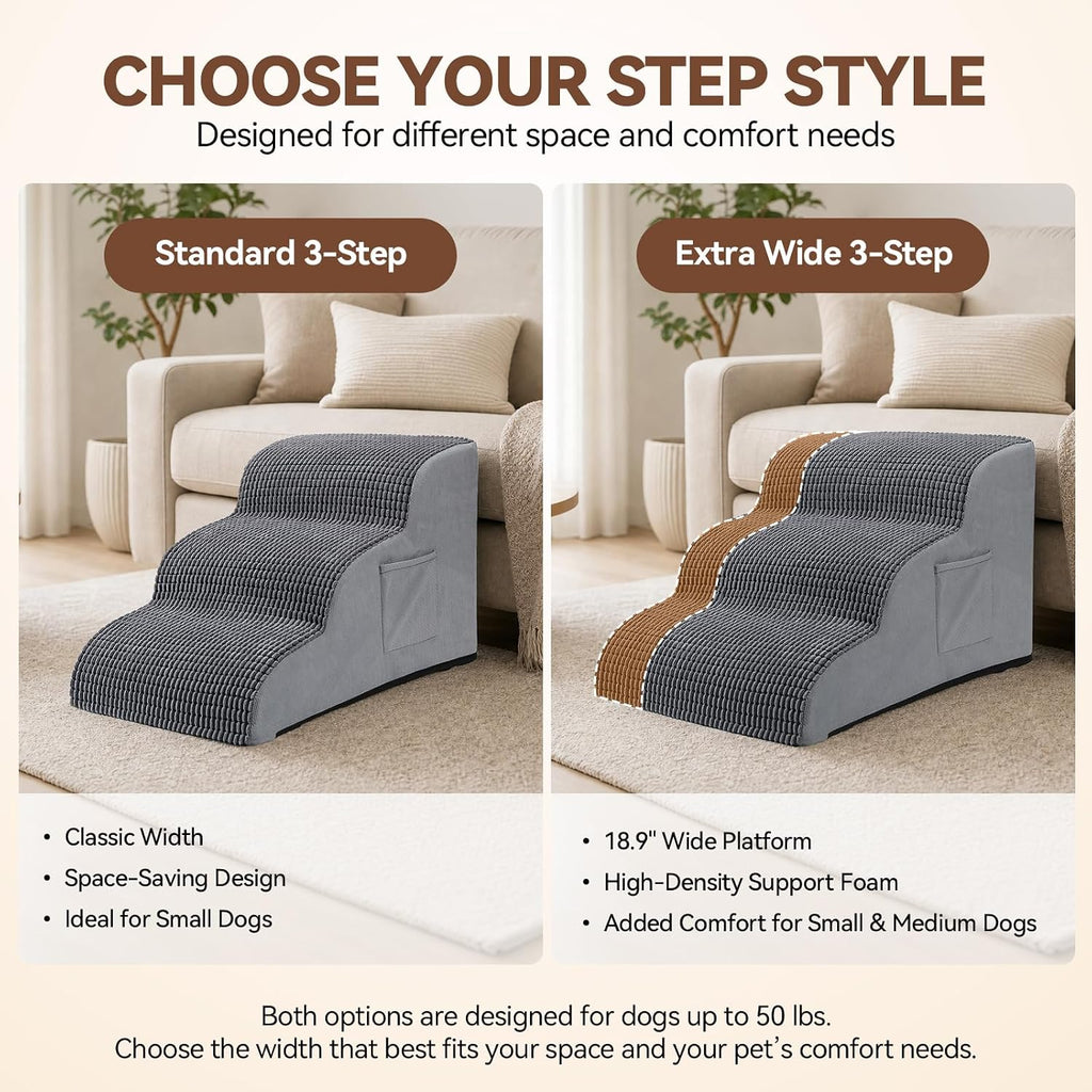 Extra Wide 3 Step Dog Stairs for Bed & Couch, Small Medium Dogs