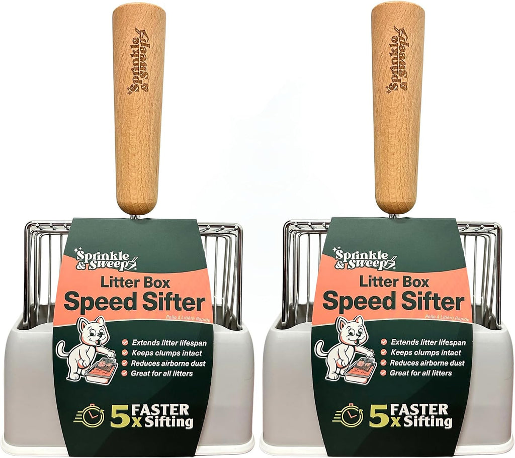 Sprinkle & Sweep: Litter Box Speed Sifter- 2 Pack - Metal Scoop, Comfortable Wood Grip, Washable Stand, Efficient Cleaning, Cat & Pet Maintenance