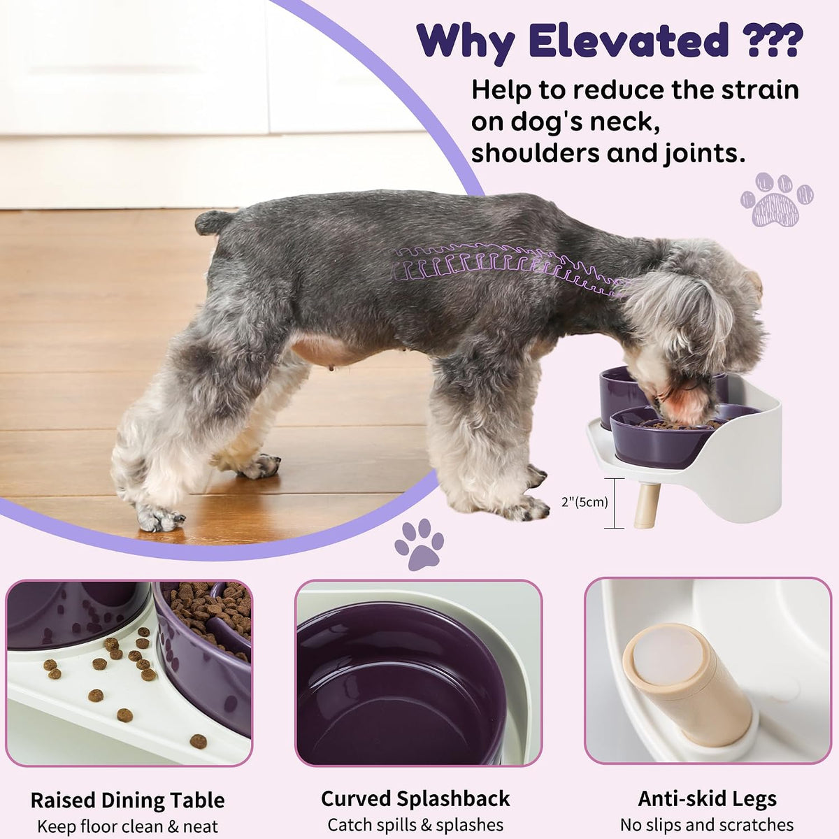 Elevated Slow Feeder Dog Bowls with Splash Proof Stand, Slow Eating 5X | 6.5″ Dog Slow Feeding Bowls & 6.1″ Dog Food Dish, Non-Slip Raised Food and Water Bowl Set for Small and Medium Breeds, Purple