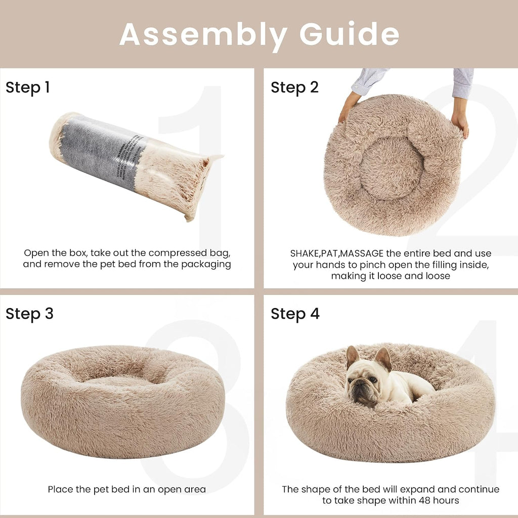 Love's cabin Calming Cat Bed for Indoor Cats, Anti-Anxiety Donut Round Dog Bed,Fluffy Faux Fur Washable Pet Bed for Small Medium Dogs and Cats, Taupe, 24in