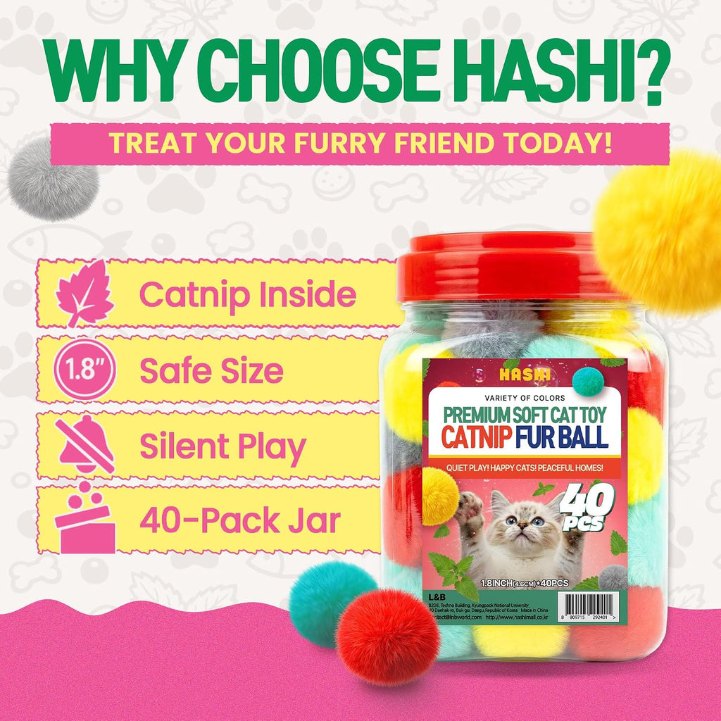HA SHI Catnip Fur Balls for Indoor Cats, 40 Count, 1.8 Inch