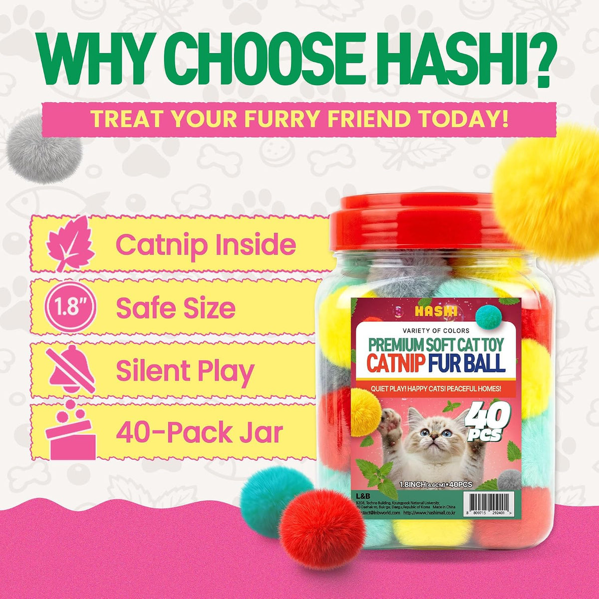 HA SHI Catnip Fur Balls for Indoor Cats, 40 Count, 1.8 Inch