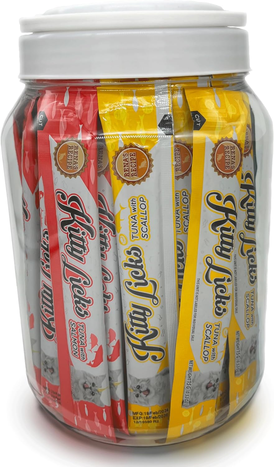Rena's Recipe Kitty Licks Tuna Barrel (60 Tubes) 4 Flavors X 15 Tubes Lickable Cream Cat Treats