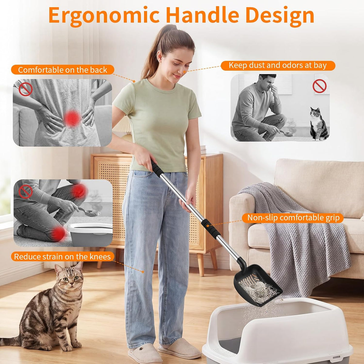 Yangbaga Metal Cat Litter Scoop: 32.3in Long Handle Litter Scooper | Heavy Duty Stainless Steel Pooper Scooper w/Deep Shovel-Detachable Non Stick Litter Sifter w/Foam Padded Grip-No Bending Back