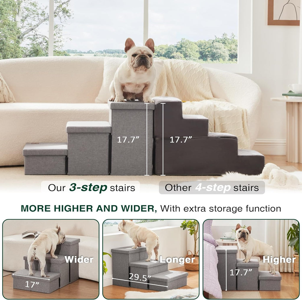 Love's cabin Dog Stairs for High Bed, Foldable Pet Stairs for Small Medium or Large Dogs Puppy with Storage for Bed or Couch, Cat Dog Steps Ramp with Zip up to 200 lbs, Solid Grey, 3 Steps