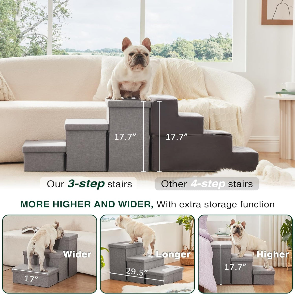 Love's cabin Dog Stairs for High Bed, Foldable Pet Stairs for Small Medium or Large Dogs Puppy with Storage for Bed or Couch, Cat Dog Steps Ramp with Zip up to 200 lbs, Solid Grey, 3 Steps