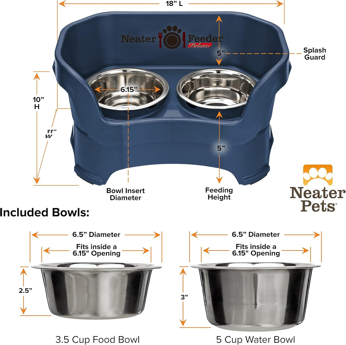Neater Pet Brands Neater Feeder Deluxe Mess Proof Dog Bowls Elevated for Medium Dogs 19-40 lbs, Made in USA, No Spill Raised Dog Food Bowl Stand Feeding Station, Food and Water Bowl Set, Dark Blue 