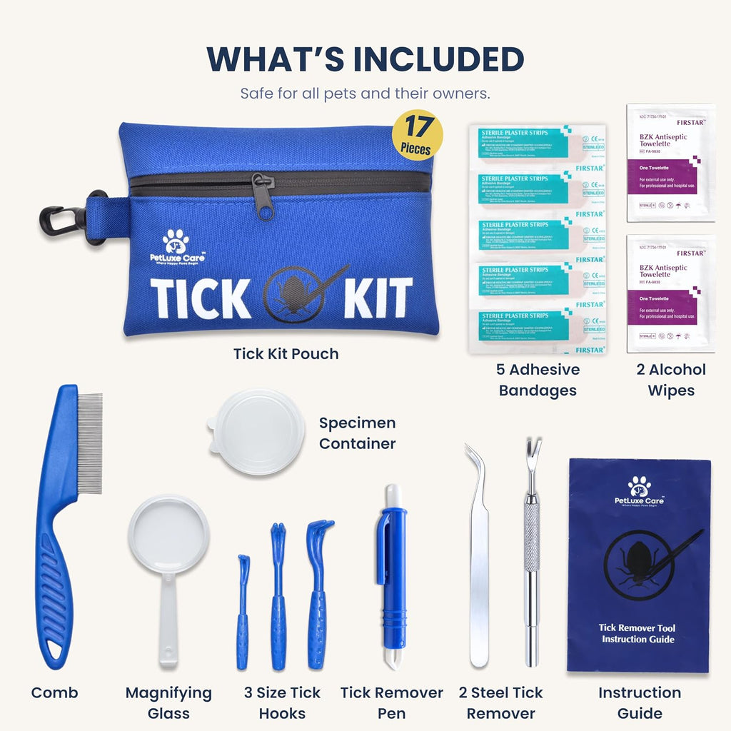 Complete Tick Removal Kit for Dogs & Cats – Tick Remover Tool Set with 3 Size Hooks, Tick Comb & Stainless Steel Precision Tick Remover + Tweezers, Travel Pouch – Safe, Fast Tick Removal