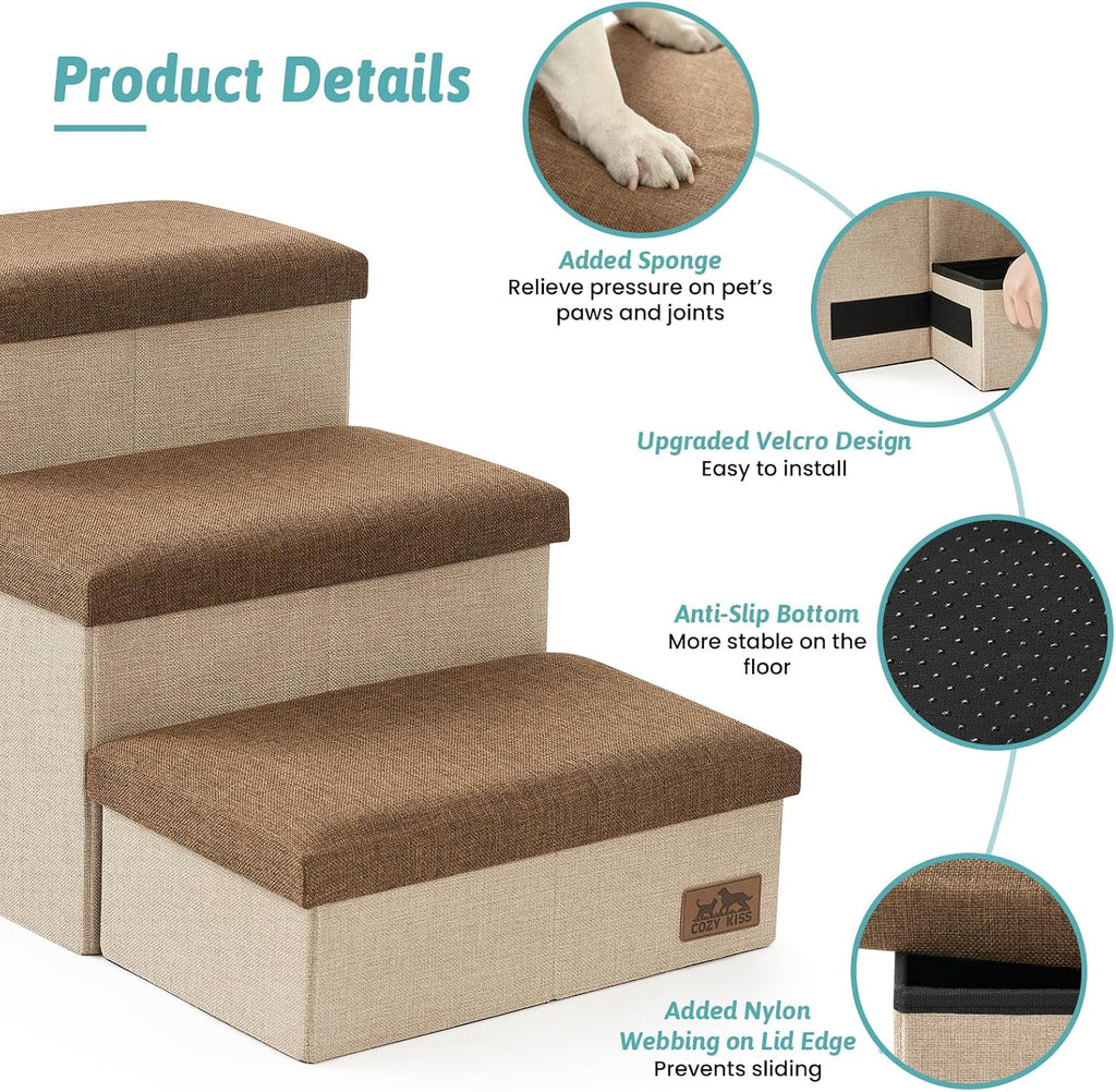 COZY KISS Dog Stairs with Storage, 16.7" H Wider Dog Steps, 3-Step