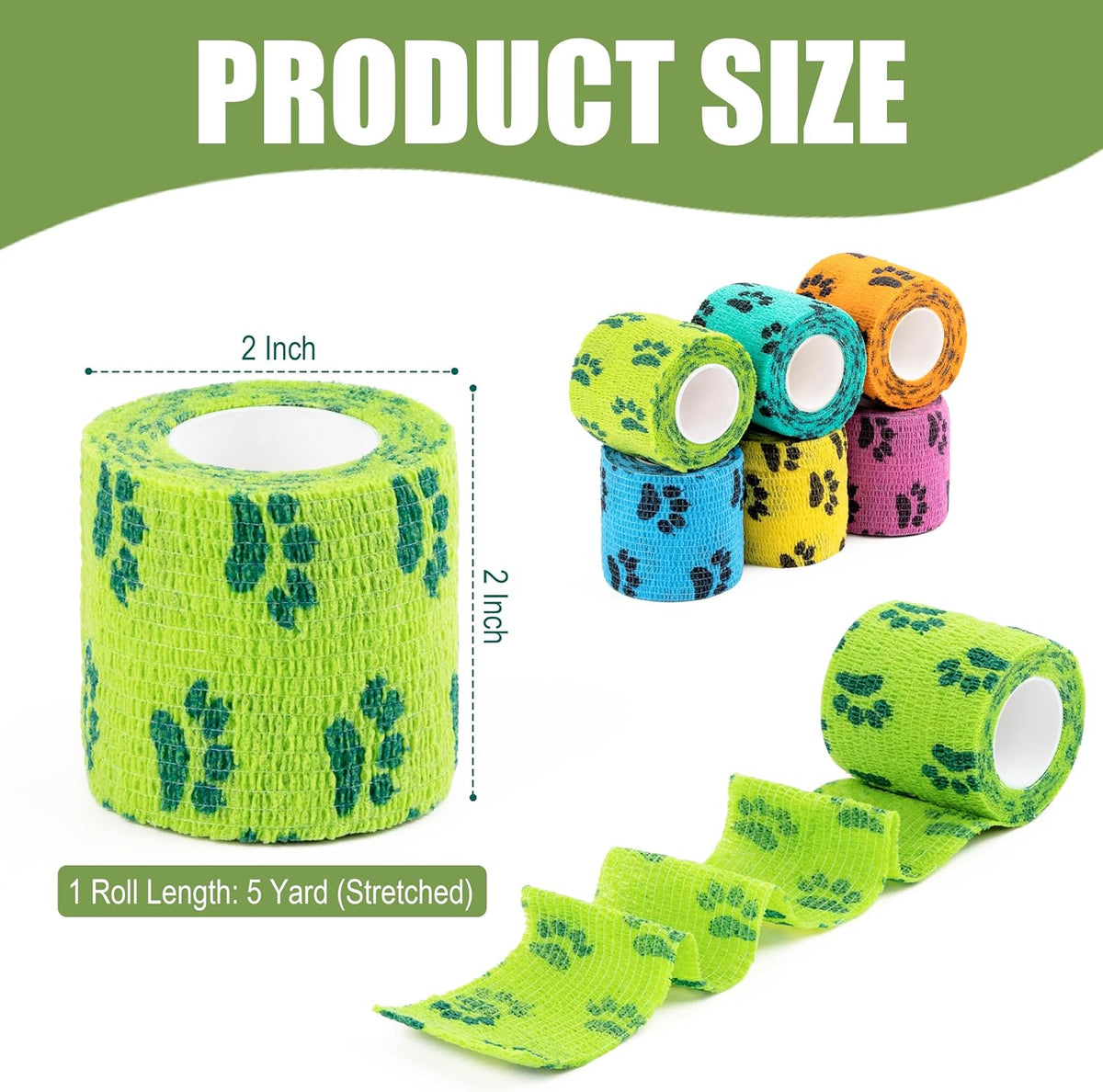 Vet Wrap Cohesive Bandages, Self-Adhesive Bandage Wrap, Breathable Non-Woven Self Adherent Tape for Pet Dog Leg Paw Wound, Horse, Cat, First Aid & Ankle Sprain, 2 Inch (6 Rolls)