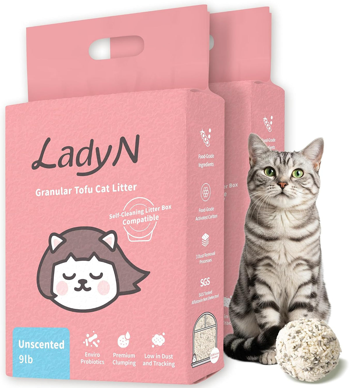 Lady N Tofu Cat Litter, Low Dust Compatible with Auto-Box Unscented 18lb | Mini-Pellet Shape, Strong Clumping, Ultra Absorbent, Activated Charcoal Odor Control