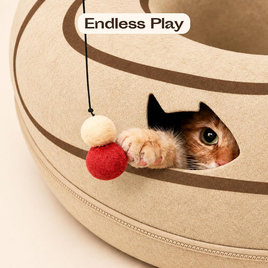 Peekaboo Cat Cave Donut - Cat Tunnel Bed for Indoor Cats – Cute Patterns Hideaway for Multiple & Large Cats, Scratch-Resistant