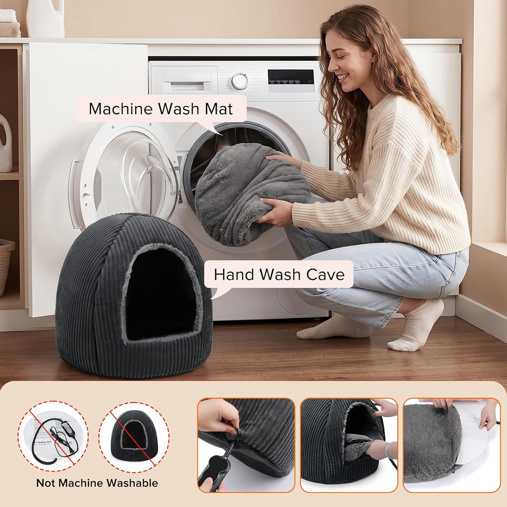 2 in 1 Foldable Heated Cat Cave Beds for Indoor Cats and Dogs