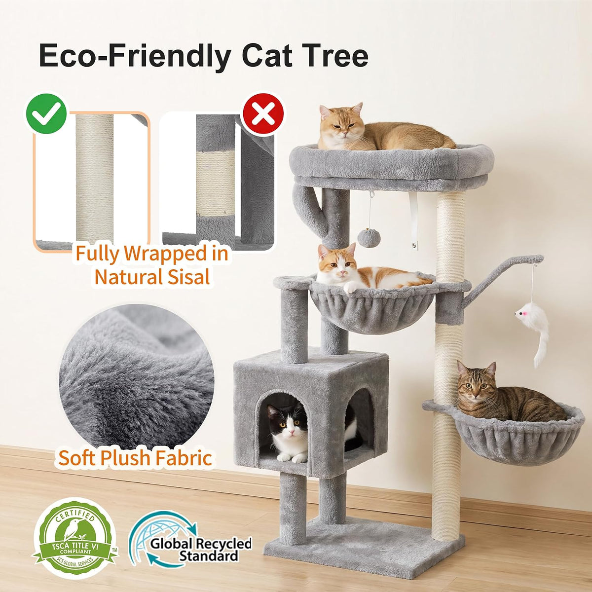 Heybly Cat Tree, 40" Tower with All-Sisal Wrapped Scratching Post HCT006SW