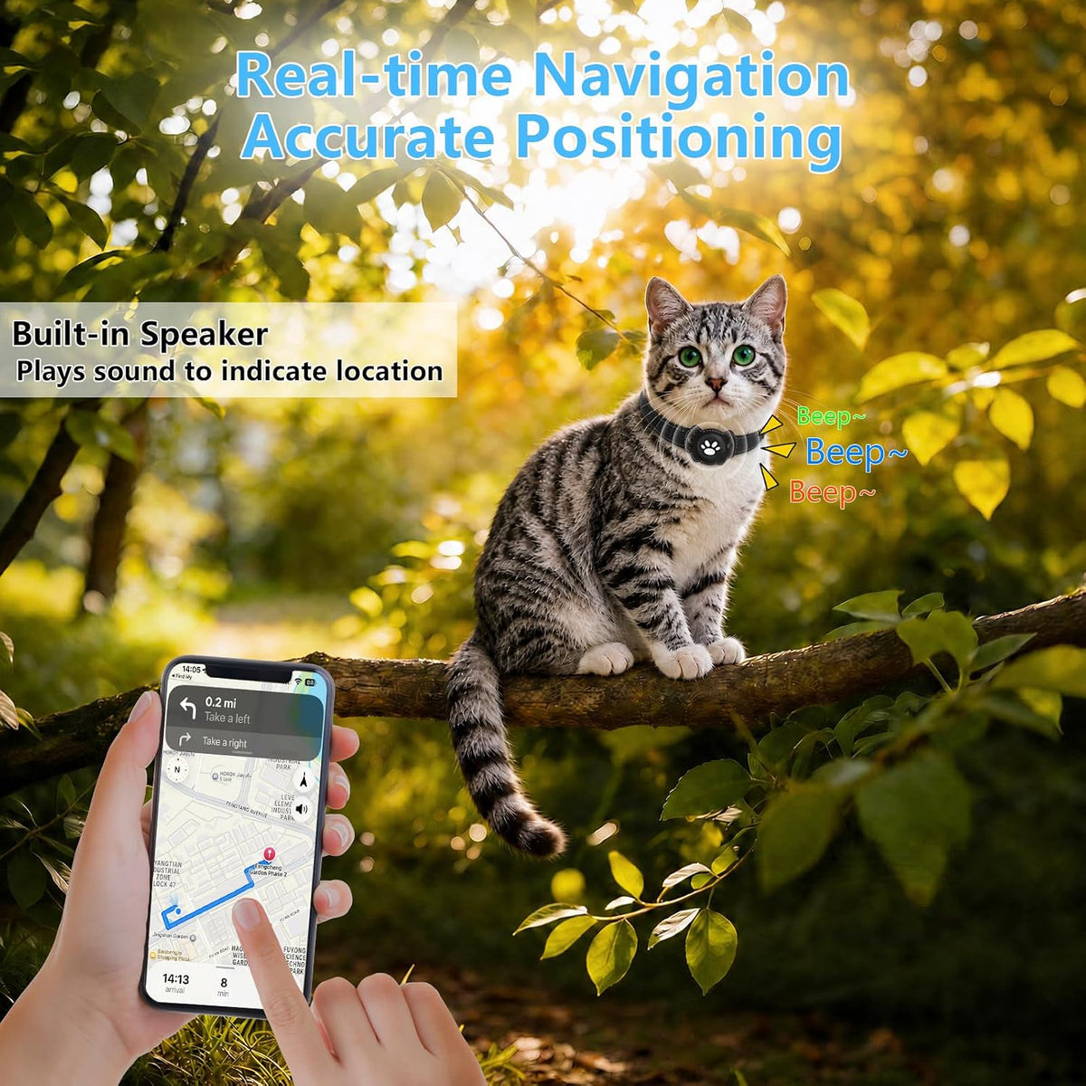GPS Tracker for Cats, Cat GPS Tracker, Pet Location Tracker with Collar, Real-Time Tracking, No Monthly Fee or Subscription, Waterproof, 365-Day Long Battery Life Cat Collar, iOS & Android (Black)