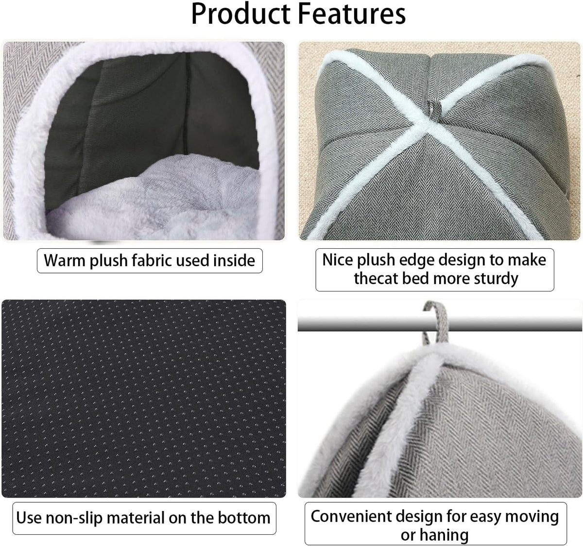 Cat Beds for Indoor Cats-Cat Bed Cave House Tent for Kittens and Small Pets with Washable Cushioned,Soft and Warm Indoor House, Grey, 15 inches