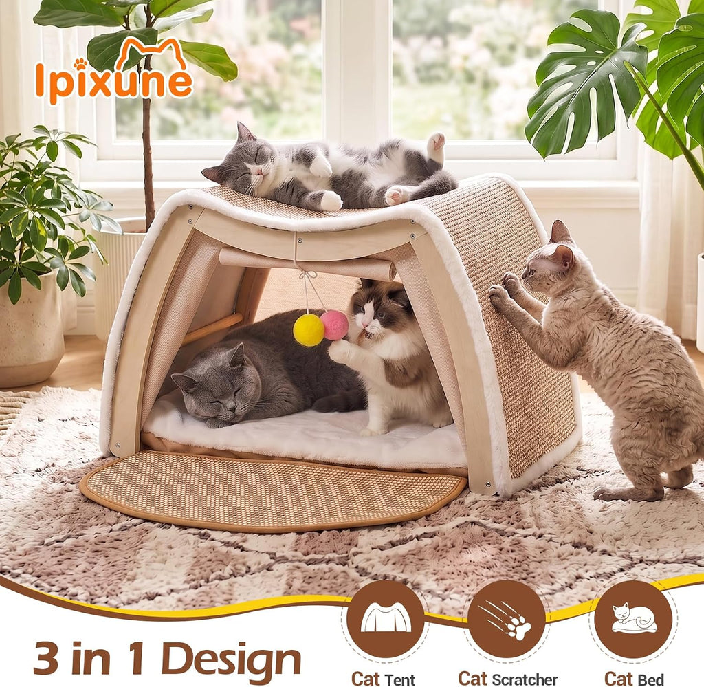 Cat House Indoor, 3-in-1 Wicker Cat Condo Scratcher Cave
