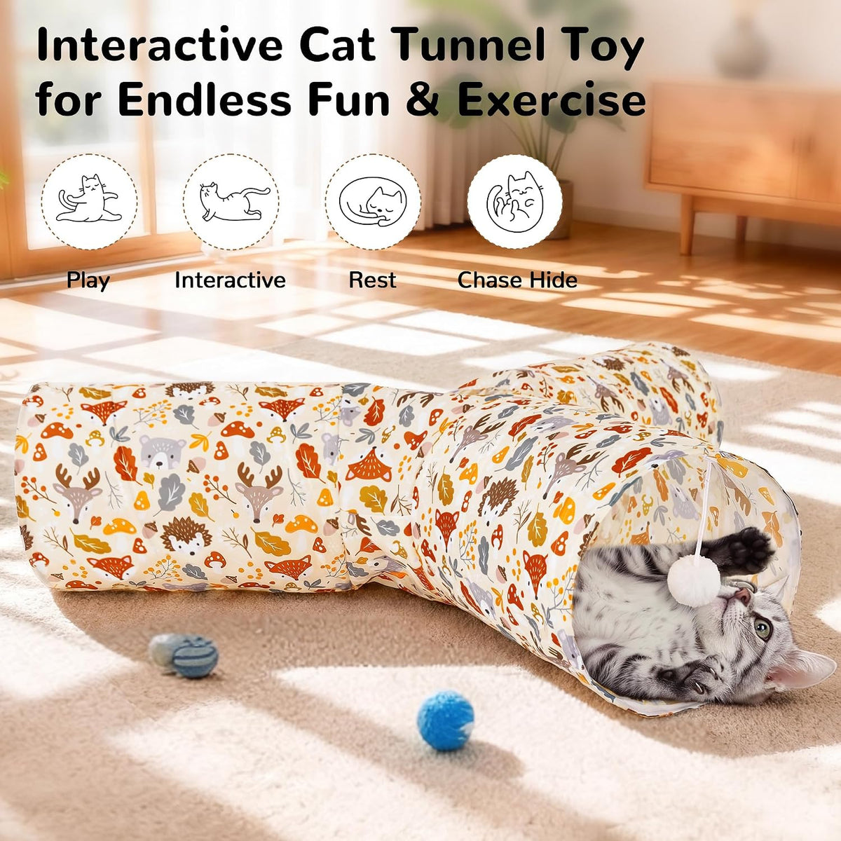 Tempcore Cat Tunnel, 3-Way Collapsible Toy, Large Size Beige Deer | Large Size 3-Way Cat Tunnel Provides More Room for Cats to Run, Hide and Chase, with Peek Holes, Hanging Ball and Teaser Wand
