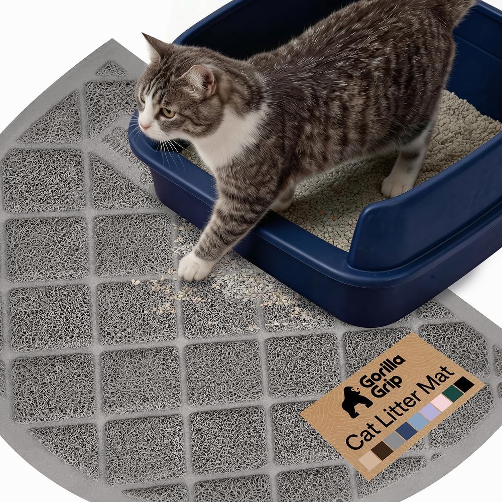 GORILLA GRIP Cat Litter Mat, Coiled Mesh Trapping Mats Half Circle Gray