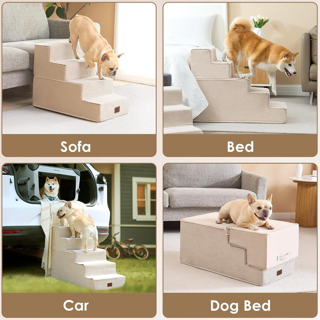EHEYCIGA Dog Stairs for High Bed 22.5" H, 5-Step Dog Steps, Beige