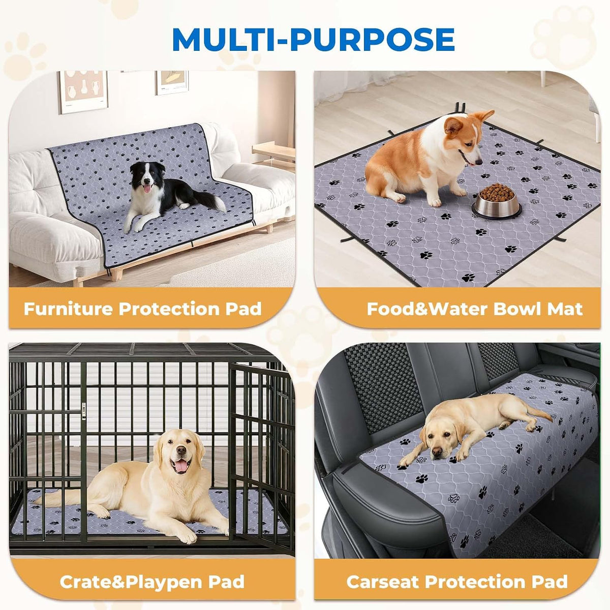 Fostanfly Washable Pee Pads for Dogs, Ultra-Absorbent, 36"x48"-2 Pack, Gray | Waterproof, Protects Against Urine Leakage, Reusable Puppy Pads, Non-Slip Grip for Dog Potty Training with 8 Tie Straps