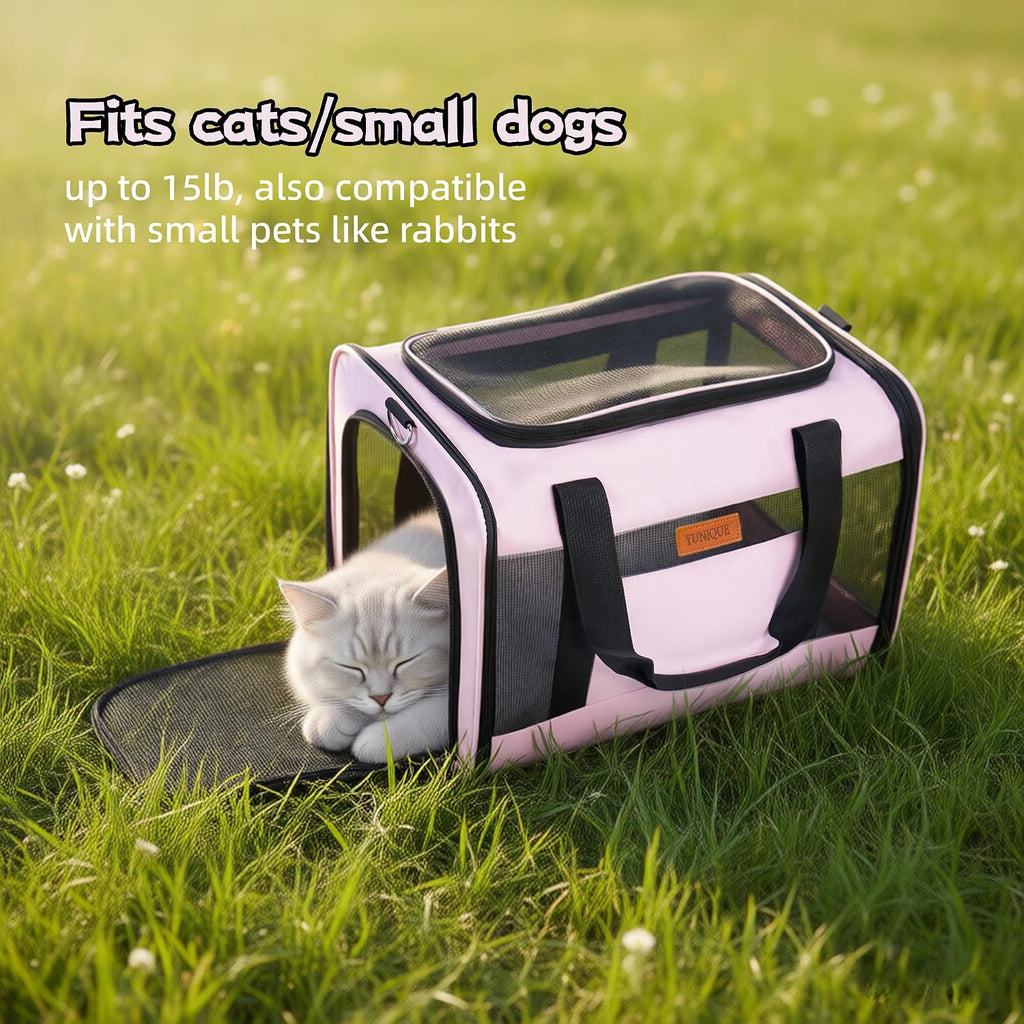 YUNIQUE Soft-Sided Cat & Dog Carrier for Pets Up to 15 Lbs, Airline Approved Collapsible Travel Puppy Carrier with Lightweight Fabric Design (Pink)