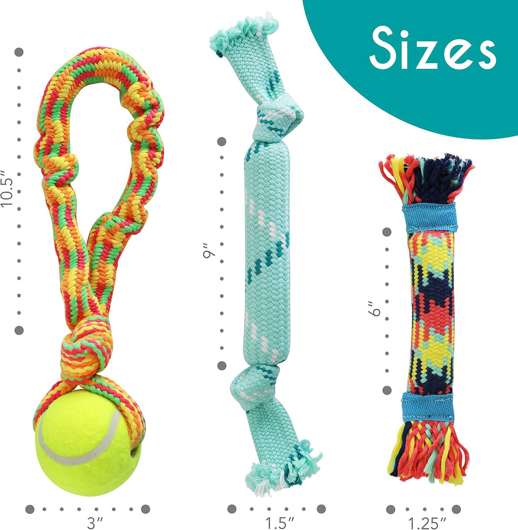 rocket & rex Puppy Rope & Tug of War Toys for Teething (3pk) | For small-medium breeds. Stretchy tug, rubber-lined rope & crackle rope toys. Reduce anxiety & chewing.