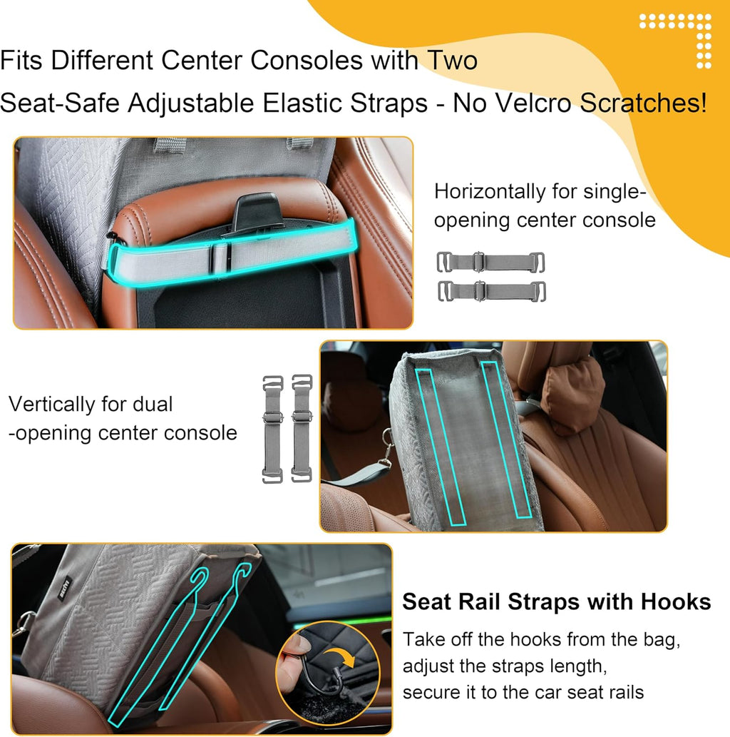 Console Dog Car Seat for Small Dogs Cats Up to 11lbs, Anti-Collapse Pet Armrest Booster Seat with Soft Pillow,Non-Slip Seat Rails Hooks & Safety Belt, Portable Car Accessories for Pets Travel