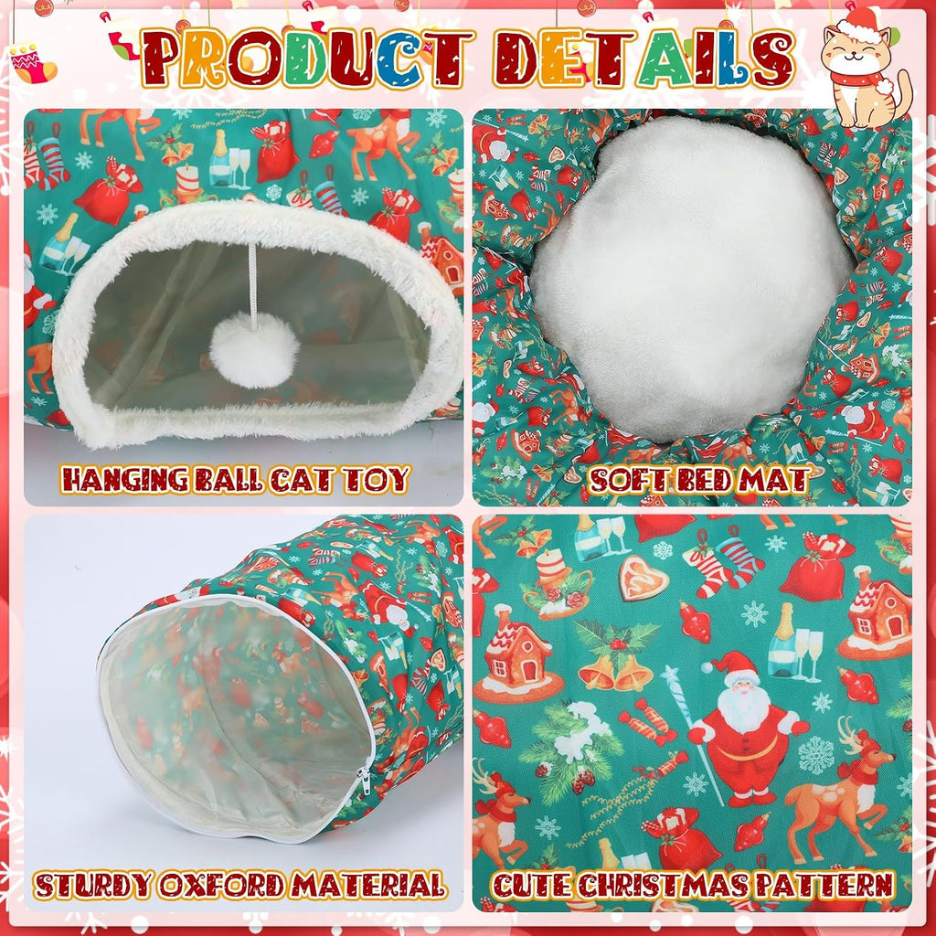 Christmas Cat Tunnel Bed Under Tree Plush Cave Toy, Santa