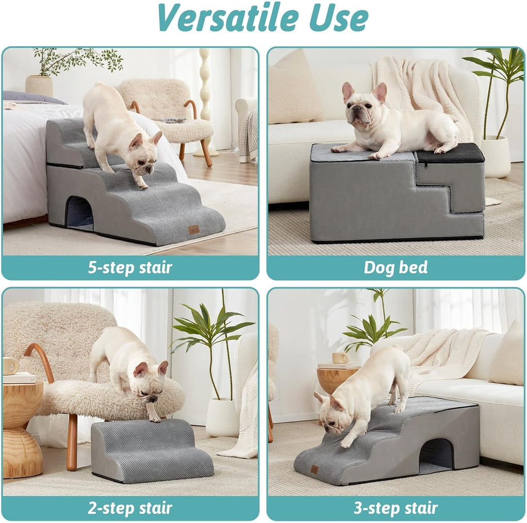 COZY KISS Extra Wide Small Dog Stairs with Tunnel, Pet Step for Bed, Grey
