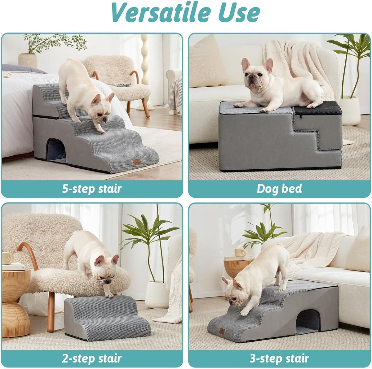 COZY KISS Extra Wide Small Dog Stairs with Tunnel, Pet Step for Bed, Grey
