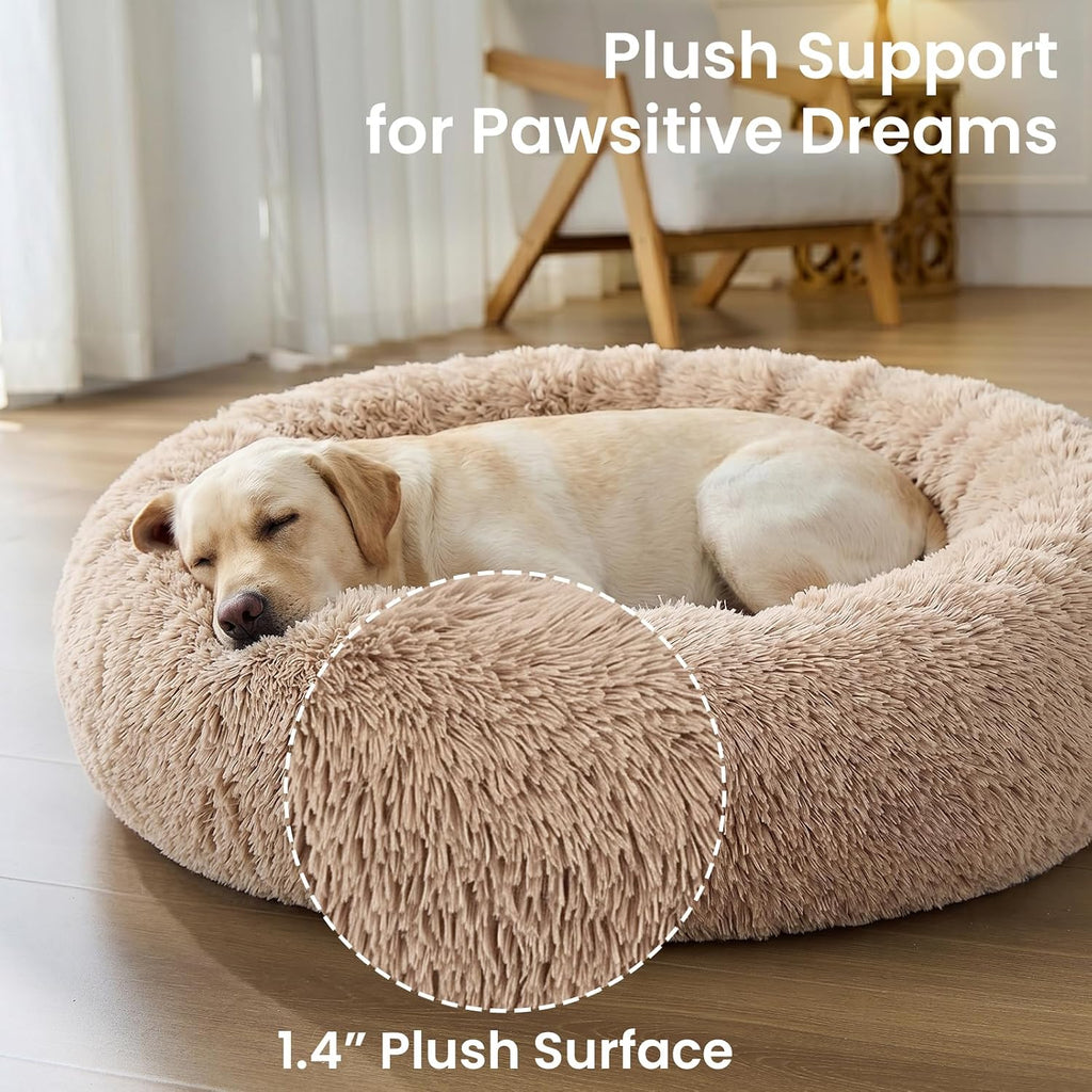 JOLLYVOGUE Calming Dog Beds Extra Large Sized Dog, 45in Donut Washable Large Pet Bed, Anti-Slip & Anti-Anxiety Fluffy Faux Fur Round Dogs Bed, Fits up to 125 lbs Pets (Camel)