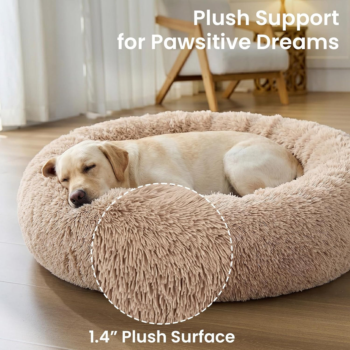 JOLLYVOGUE Calming Dog Beds Extra Large Sized Dog, 45in Donut Washable Large Pet Bed, Anti-Slip & Anti-Anxiety Fluffy Faux Fur Round Dogs Bed, Fits up to 125 lbs Pets (Camel)