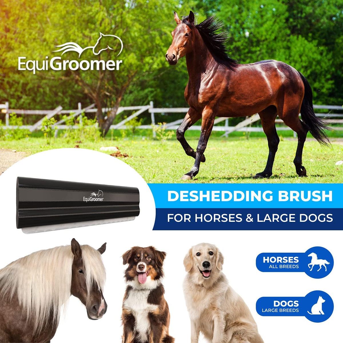 EquiGroomer 8-Inch Deshedding Brush for Dogs & Horses, Black | Best for large dogs 50 lbs and up, plus horses and ponies, thick coats, stainless blade, gentle on skin 
