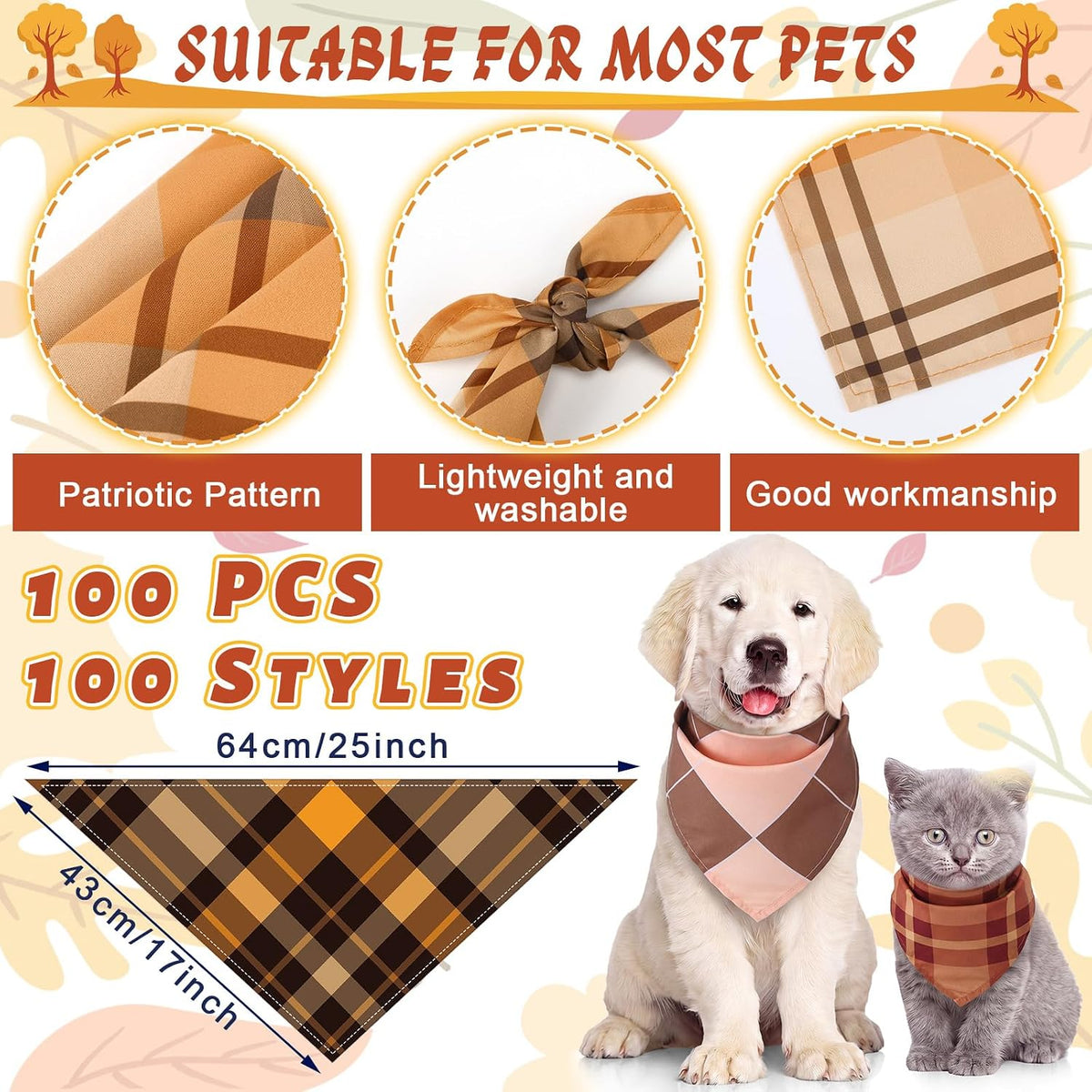 Huhumy 100 Pcs Fall Plaid Dog Bandanas Bulk Plaid Dog Bandanas Fall Decor