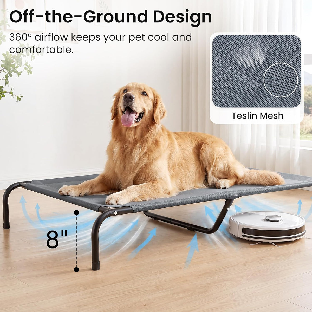 Love's cabin Elevated Cooling Dog Bed for Extra Large Dogs, Portable Indoor & Outdoor Raised Pet Dog Cat Cot, Durable Summer Frame with Breathable Mesh, Grey, 56 inches