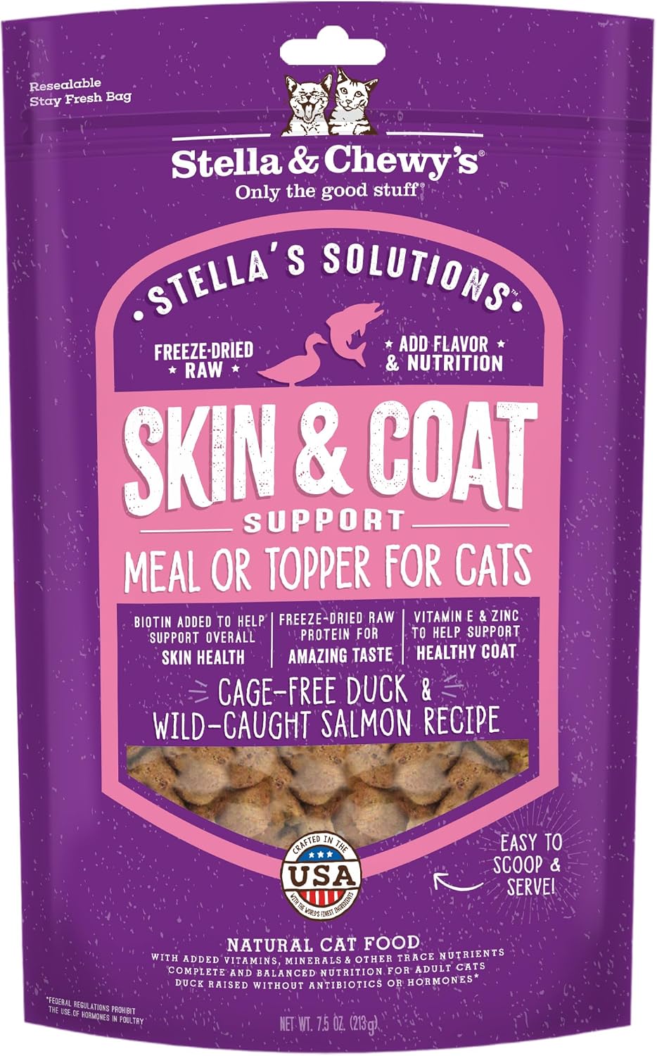 Stella & Chewy's Stella's Solutions Skin & Coat Boost Cage-Free Duck & Wild-Caught Salmon Dinner Morsels Freeze-Dried Raw Cat Food, 7.5 oz.