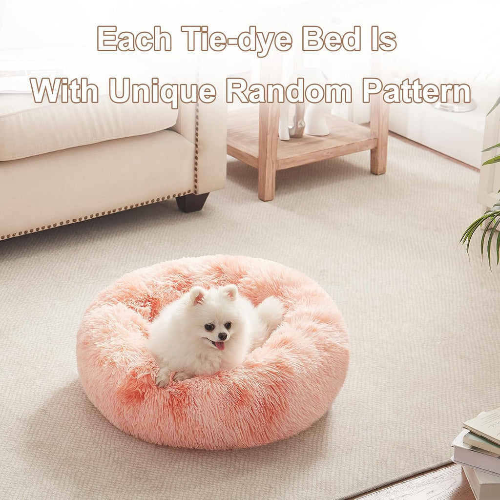 23 in Faux Fur Fluffy Donut Dog Bed for Small Dogs,Tie-dye Pink