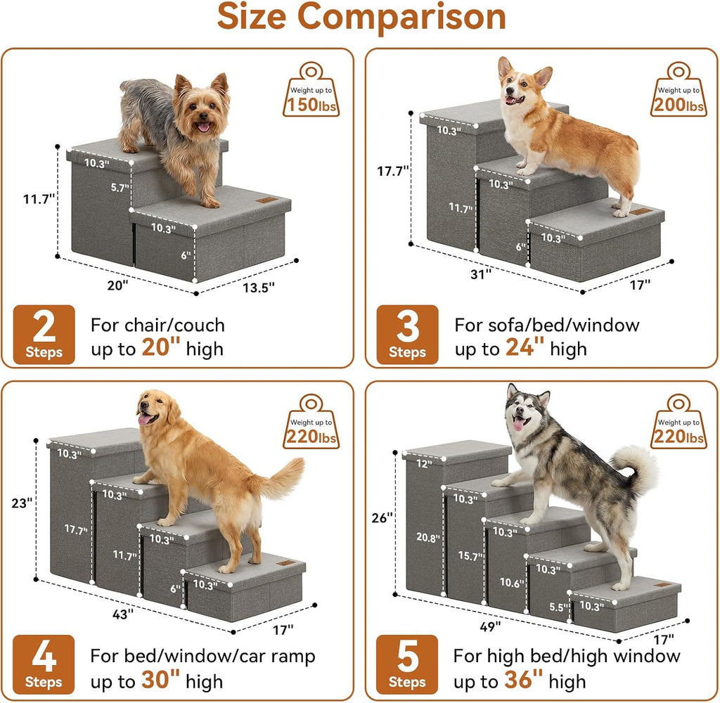 Zerbuger Dog Stairs with Storage, Grey 4 Steps Dog Ramp no Condo for Bed