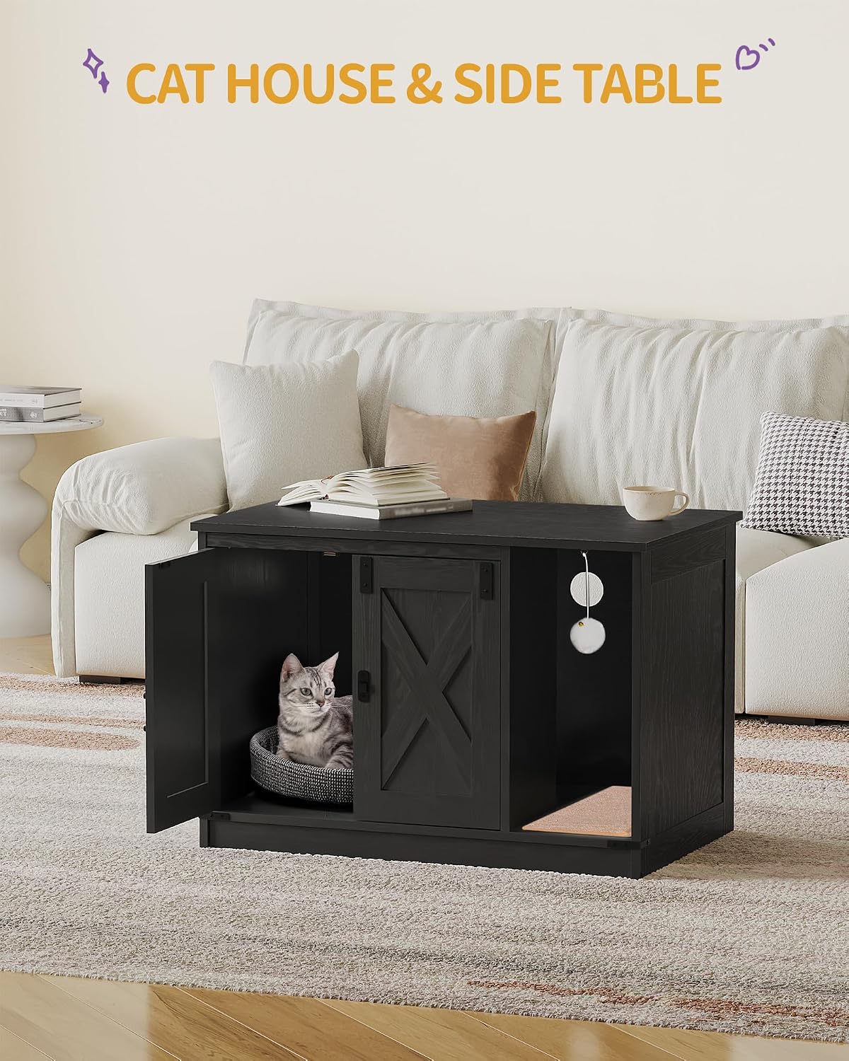 Hzuaneri Cat Litter Box Enclosure, Hidden Litter Box Cabinet Furniture | Indoor Cat House with Bell, Farmhouse Style, 31.5 x 19.7 x 20.9 Inches, for Hallway, Bedroom, Black CB82404X