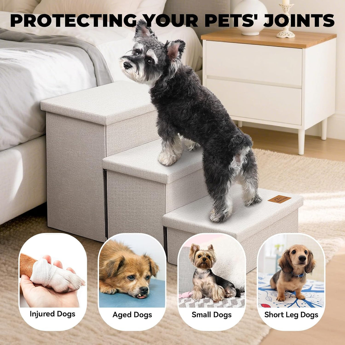 Zerbuger Dog Stairs with Storage, Beige 3 Steps Dog Ramp no Condo for Bed