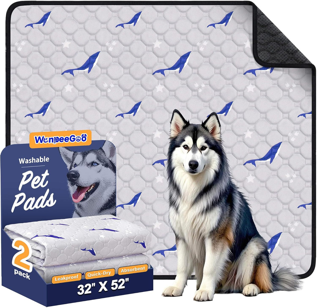 Washable Dog Pee Pads, Non-Slip Waterproof, 32 x 52 in, 2 Pack, Dolphin | Super absorbent, waterproof and non-slip; washable, reusable dog pads for crates, playpens, floors, furniture and travel