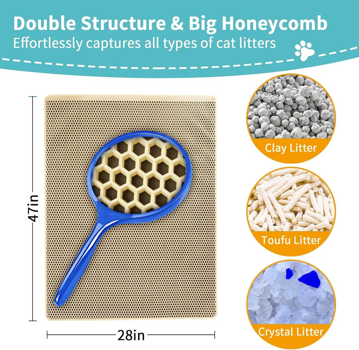 Cat Litter Mat XL 28"x47", Litter Mats Extra Large Easy Clean, Less Mess | EVA Double-Layer Honeycomb Litter Trapping Mat, Anti-Scatter Anti-Tracking Cat Mat, Waterproof, Rinse or Vacuum(Khaki)