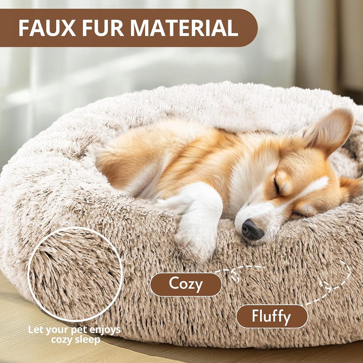 JOLLYVOGUE Calming Dog Bed Medium Size Dog, Anti-Anxiety Donut Medium Pet Bed, 27 inches Fluffy Faux Fur Round Cat Bed (Cream Brown)