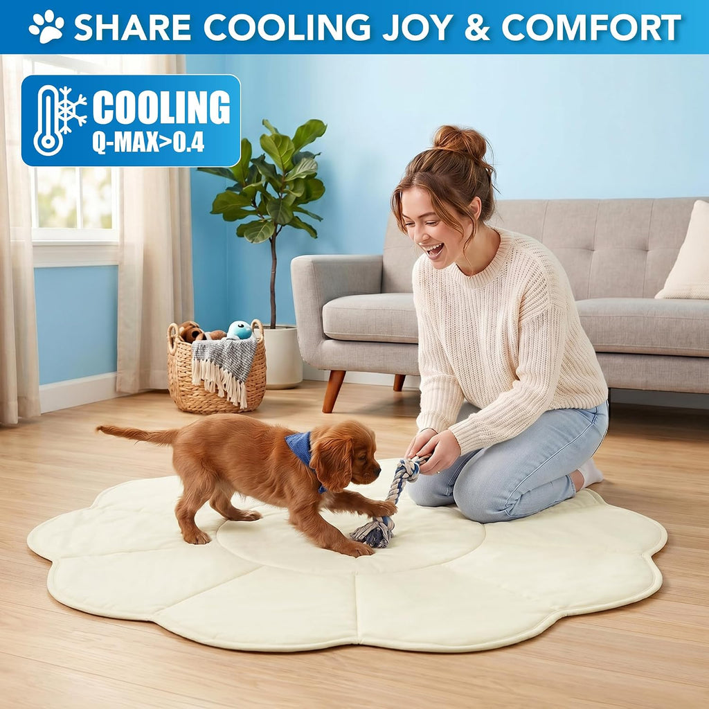 PetAmi Dog Cooling Mat Reversible Fleece Blanket for Pet Cat, M 44X44 Beige