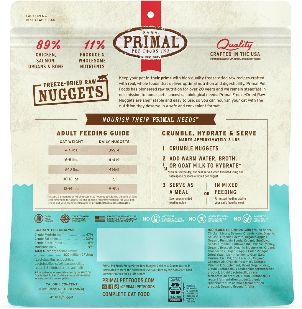 Primal Freeze Dried Raw Cat Food Nuggets, Chicken & Salmon, 14 oz