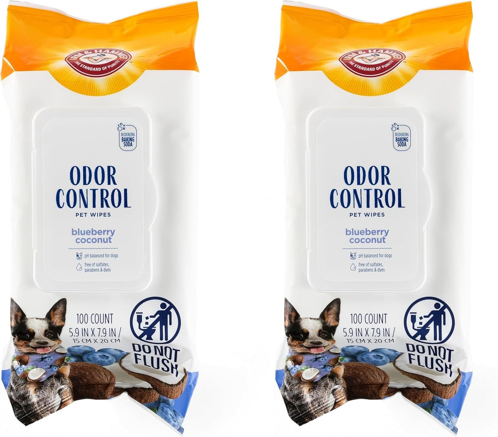 Arm & Hammer for Pets Odor Control Wipes for Dogs, Best Odor Eliminating Waterless Cleaning for Dogs & Puppies | Blueberry Coconut Scent, 100ct (Pack of 2)