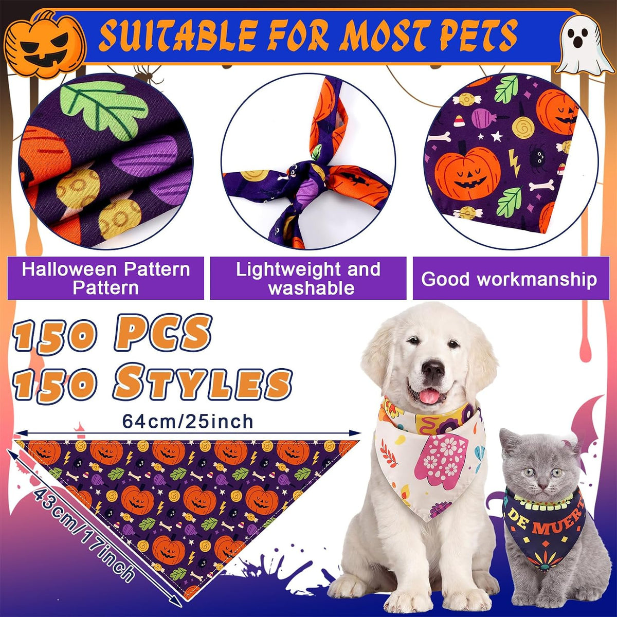 Huhumy 150 Pcs Halloween Dog Bandanas Bulk Bandanas for Medium Large Dogs